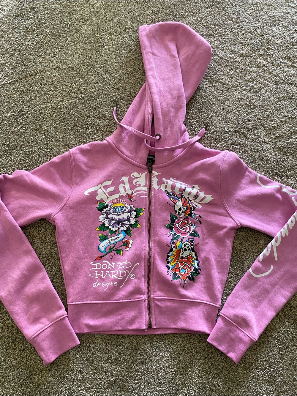 Ed Hardy Pink Zip-Up Hoodie with Tattoo Floral Prints